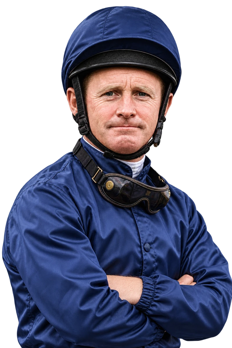 AI-created portrait of Michael Kinane in navy racing silks
